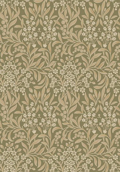  Colored in earthy tones of green and light beige-brown, our Kryddhyllan wallpaper is rustic yet ornamental in style. 