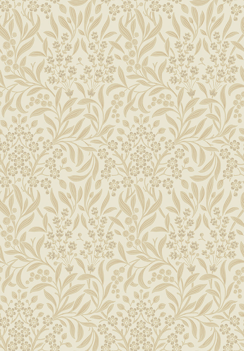 Colored in beige tones on a warm cream background, our Kryddhyllan wallpaper features a 1970’s pattern from our archives.