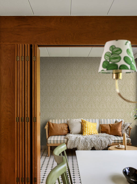  Colored in soft shades of green, beige and grey, our Kryddhyllan wallpaper is inspired by the simple and beautiful designs of the Art Nouveau and Arts and Crafts movements. 