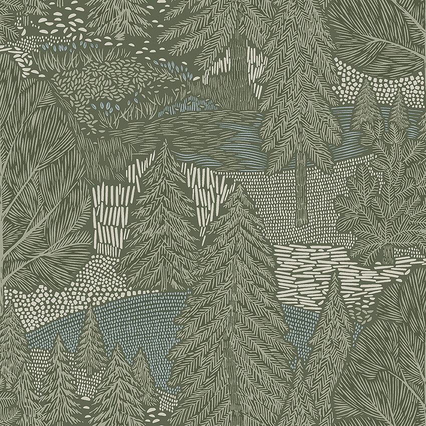 Northern Forest wallpaper features a bold and beautifully detailed dense fir tree pattern.