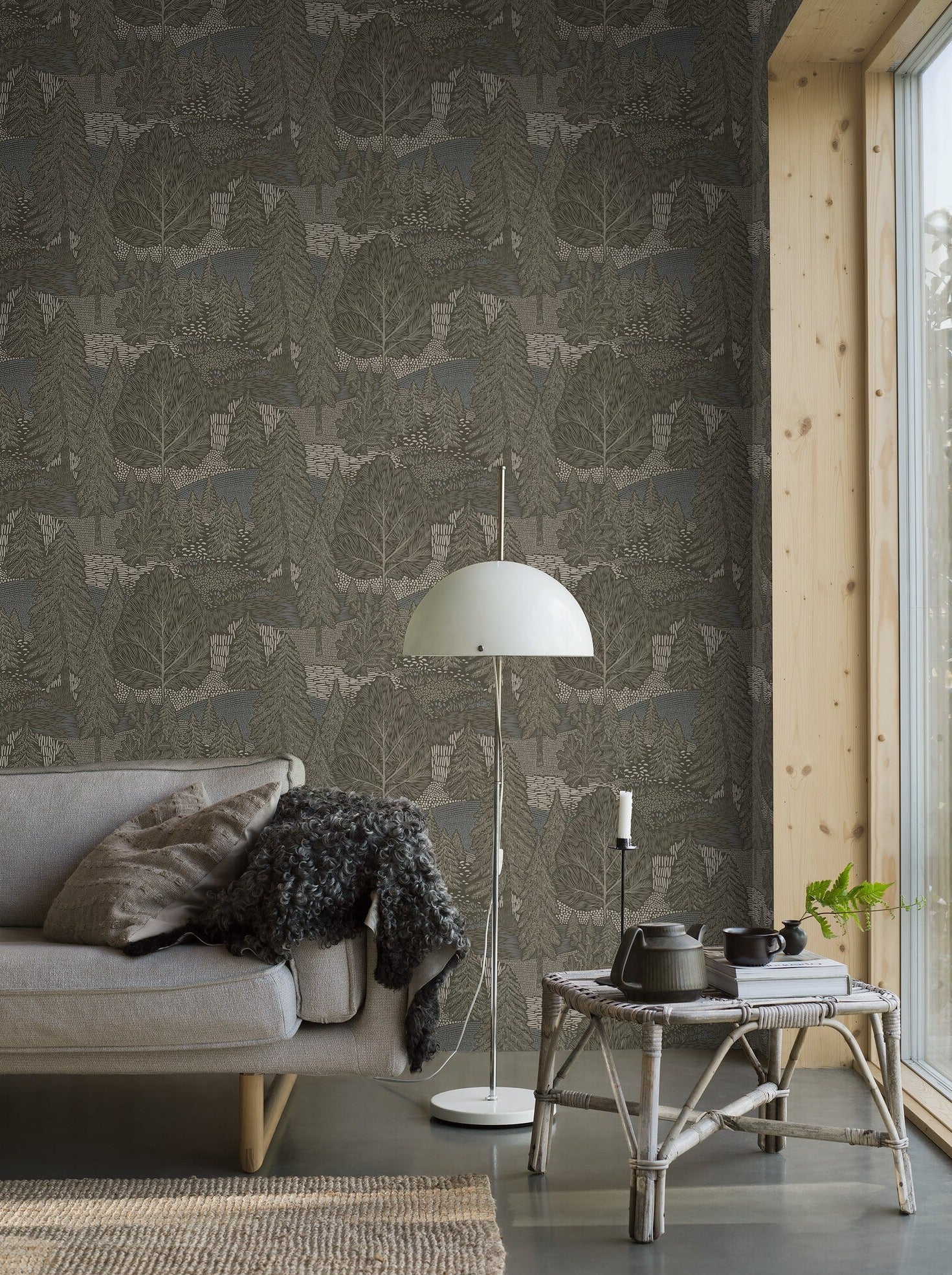 Northern Forest wallpaper features a bold and beautifully detailed dense fir tree pattern.