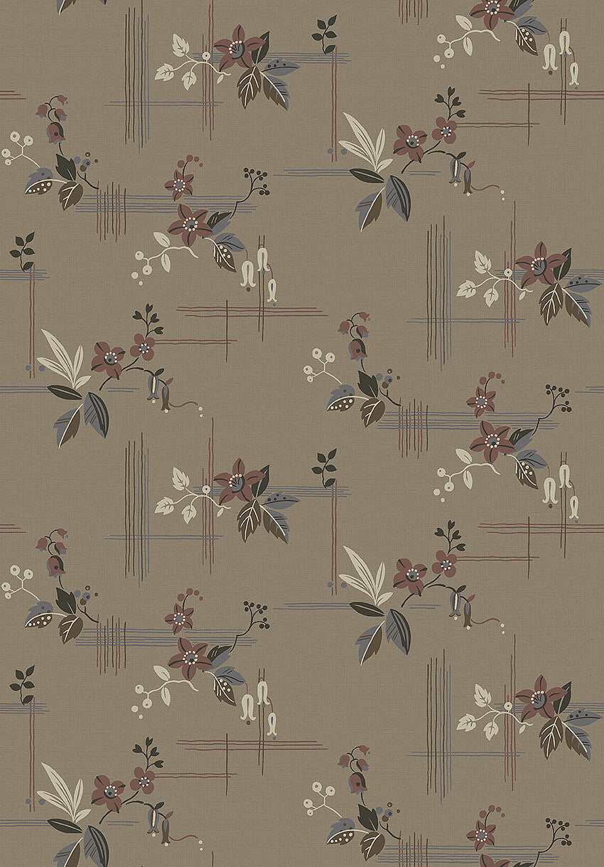  Colored in an earthy brown with splashes of purple and burgundy, our Salängen wallpaper combines symmetry and geometry with stunning florals. 