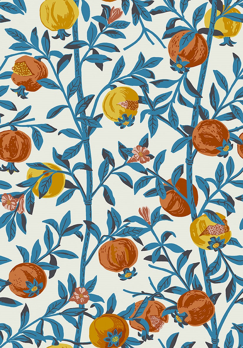 Colored in shades of vibrant blues, yellows and oranges on a white background, our Granatäpple wallpaper, uses an overprint technique allowing new shades to emerge in the mix of two prints. 