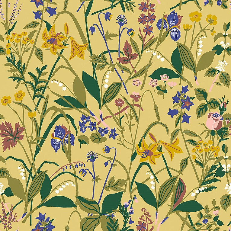 Colored in a delicate, soft palette of yellow, green, white and blue, our Ros och Lilja wallpaper recreates the classic 1940s Swedish textile design of Gocken Jobs. 