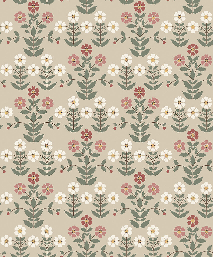  Shaded in warm tones of red and beige with hints of eggshell white, olive green and golden yellow, our Sippor wallpaper is contemporary and cosy in style. 