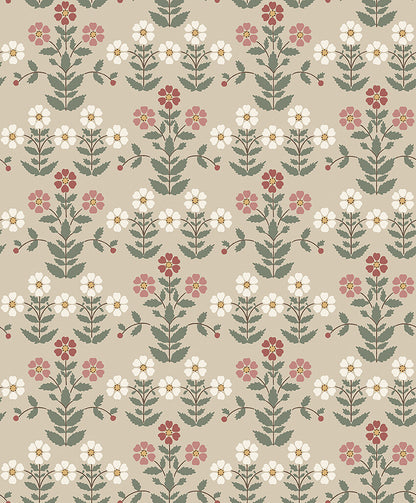  Shaded in warm tones of red and beige with hints of eggshell white, olive green and golden yellow, our Sippor wallpaper is contemporary and cosy in style. 