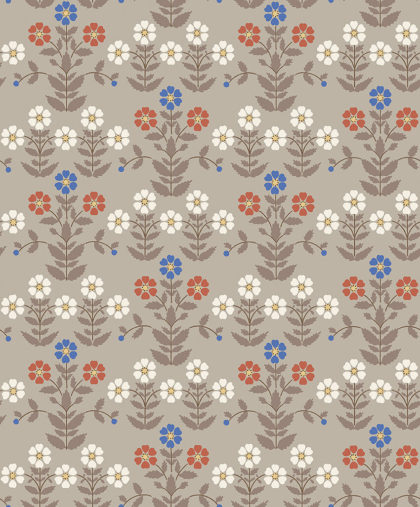  Colored in a modern palette of cobalt blue, English red and rustic brown on a soft grey background, our Sippor wallpaper features a flourishing floral pattern that is contemporary and fun. 