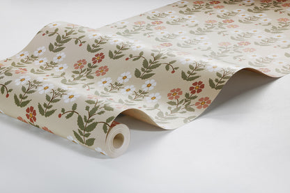  Shaded in warm tones of red and beige with hints of eggshell white, olive green and golden yellow, our Sippor wallpaper is contemporary and cosy in style. 