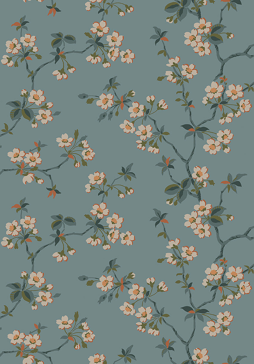  Set on a pastel blue background with green, white and pale orange detailing, our Trädgårdsstaden wallpaper offers a truly calm and classic style. 
