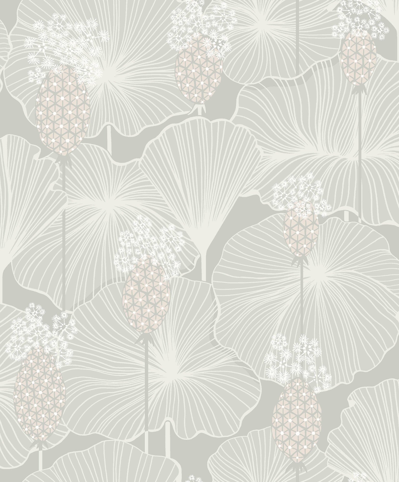 Colored in a pretty palette of palest grey and green, our Umbrella Leaves wallpaper adds a refreshing touch of light and vibrancy to the surrounding space. 
