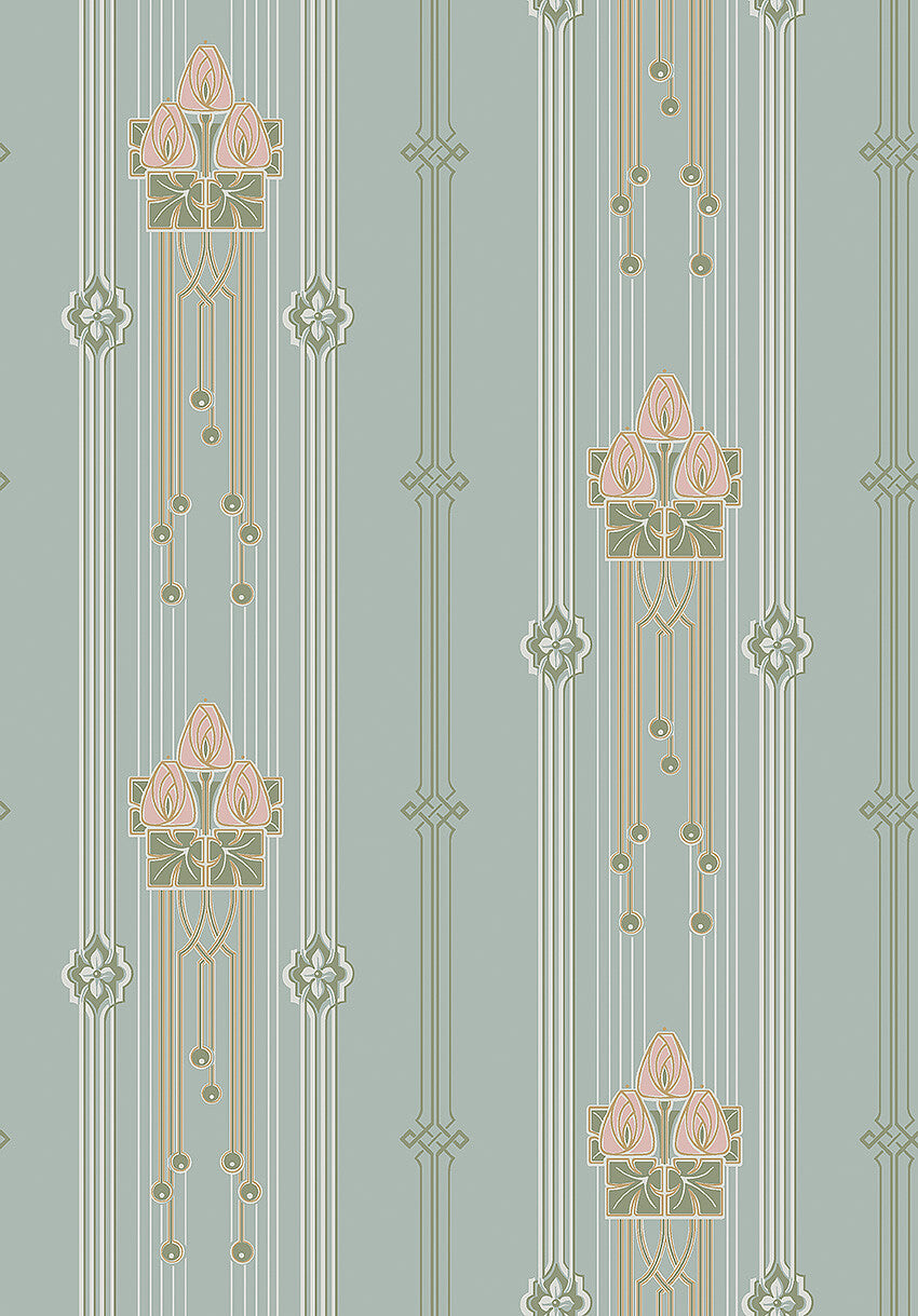  Colored in a pale blue tones with shimmering gold detailing, our Villastan wallpaper is elegant and luxurious. 