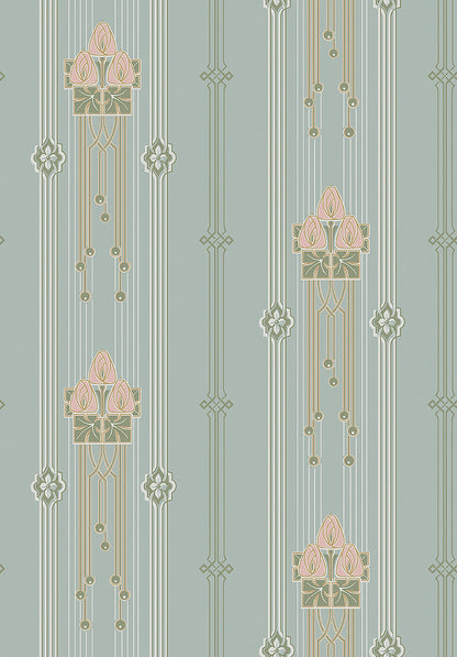  Colored in a pale blue tones with shimmering gold detailing, our Villastan wallpaper is elegant and luxurious. 