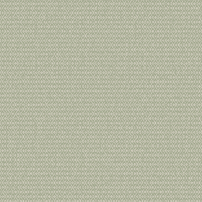 Willowherb wallpaper is simple and rustic. Having the appearance of a single-color surface from a distance, its pretty petite design features a stylized four-petal flower within a diamond trellis pattern.